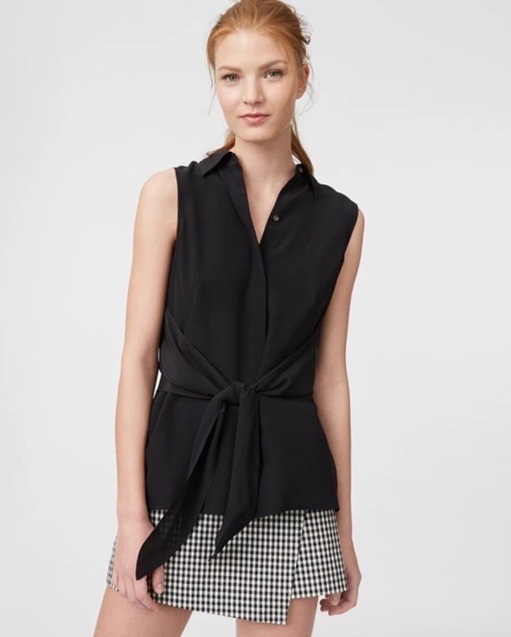 NWT Club Monaco Terek Black 100% Silk Sleeveless Tie Front Blouse sz Small